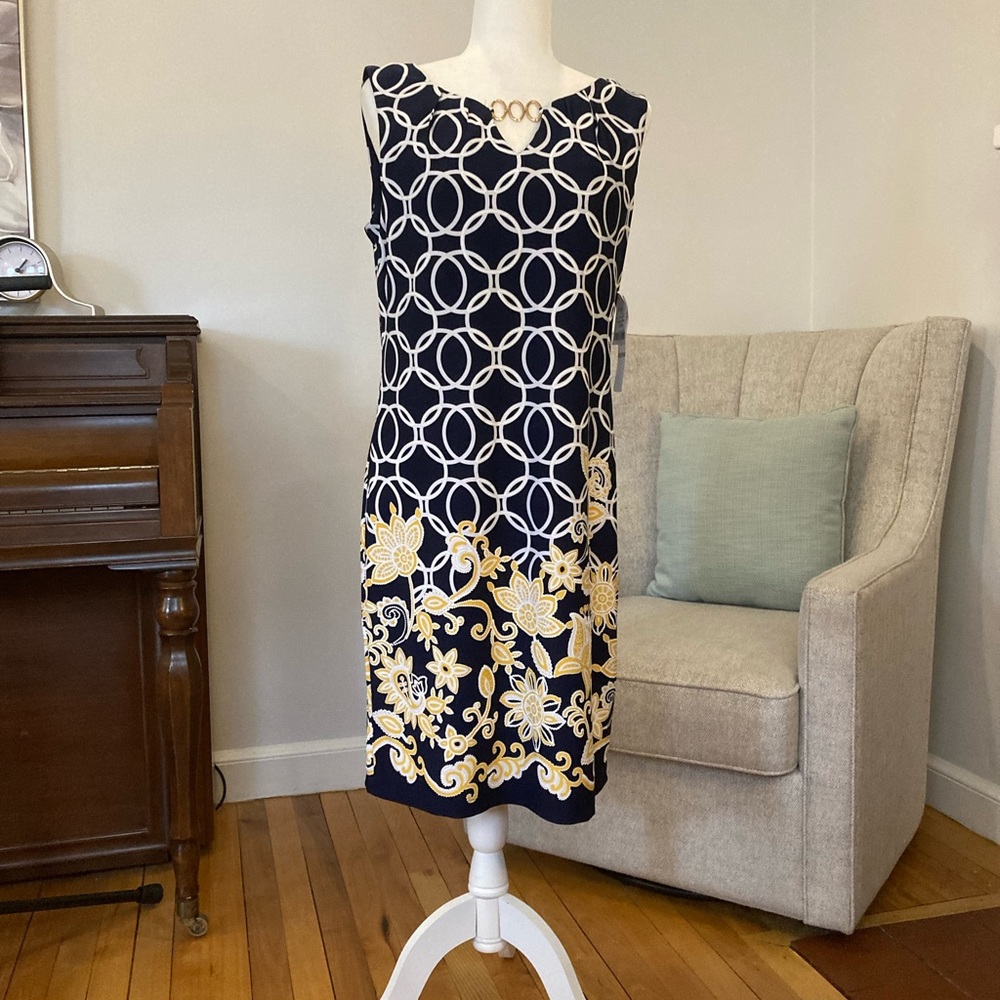 R&K sleeveless navy dress with yellow and white embroidery